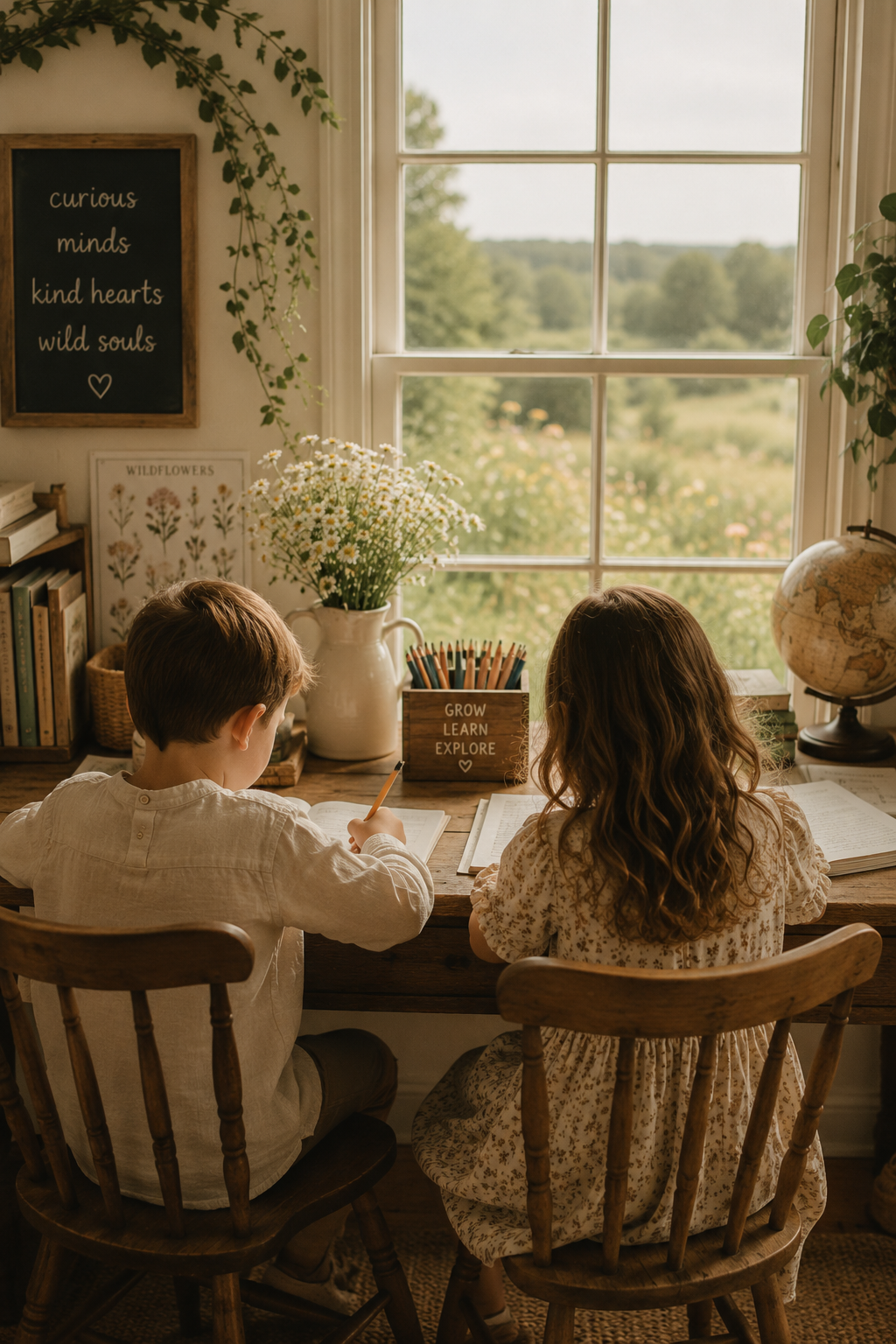 Mum and children walking through nature — seen from behind