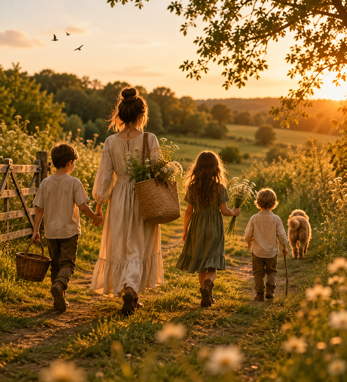 Mum walking with three children through wildflower fields