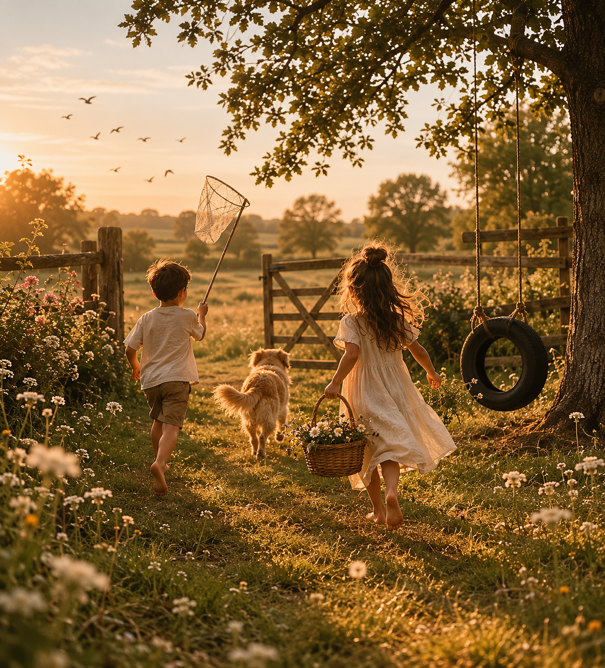 Children playing freely in a wildflower garden at sunset